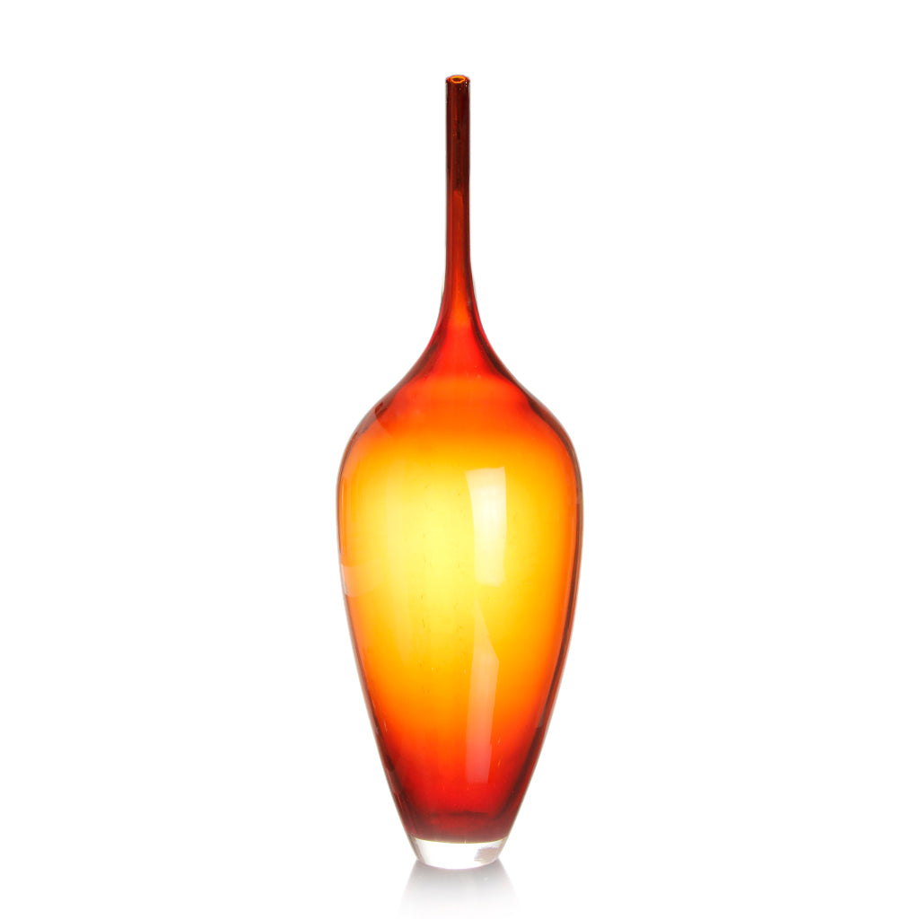 Edols & Elliott Red Glass Bottle Sculpture, handmade with exquisite craftsmanship. The vibrant red glass adds a pop of color and sophistication to any space.