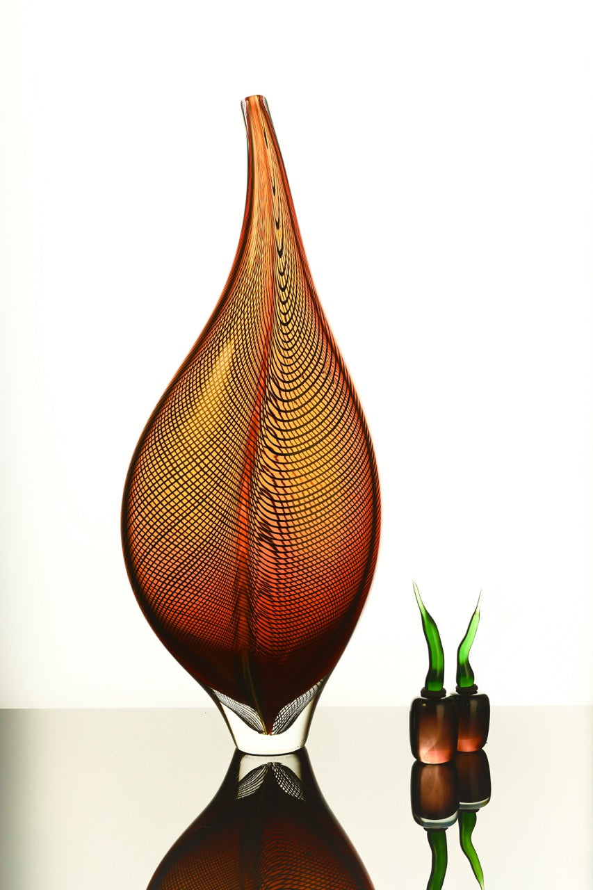 Edols & Elliott Leaf Glass Sculpture, handmade with high-quality red glass. A unique, luxurious masterpiece that elevates any art collection or home decor.