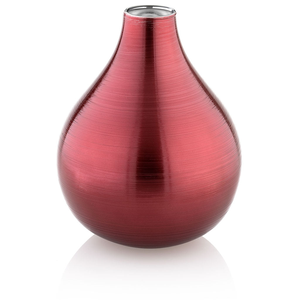 Mouth-blown red Bombay Vase, crafted by skilled artisans, exuding sophistication and luxury, perfect for adding a pop of color to any room or displaying flowers as a statement decor piece.