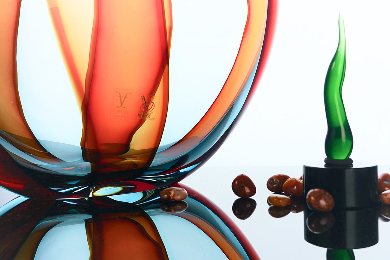 Formia Murano - Vaso FESTA ovale con canne - Rosso acqua