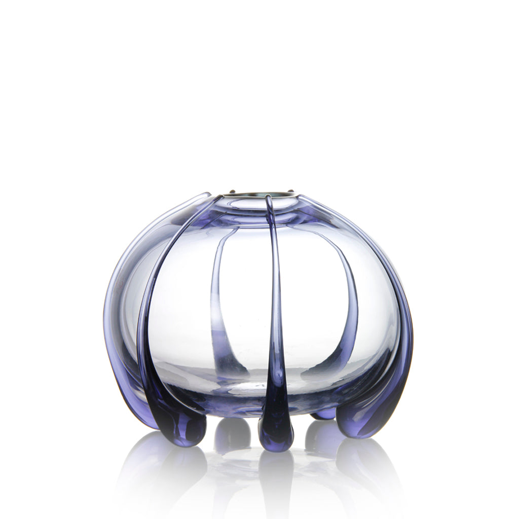 Murano glass vase by Stefano Poletti, featuring a spherical shape with long glass droplets in deep purple, a modern twist on timeless design, perfect for an elegant table setting or as part of the exclusive Bolle Collection.