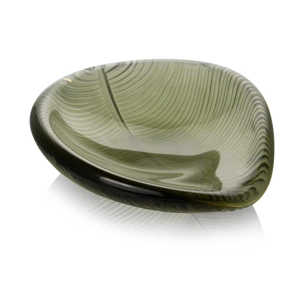 Handcrafted Murano glass leaf-shaped centerpiece with delicate streaks and vibrant layered colors. Each piece is individually blown, creating a unique design that's a luxurious addition to any elegant setting.