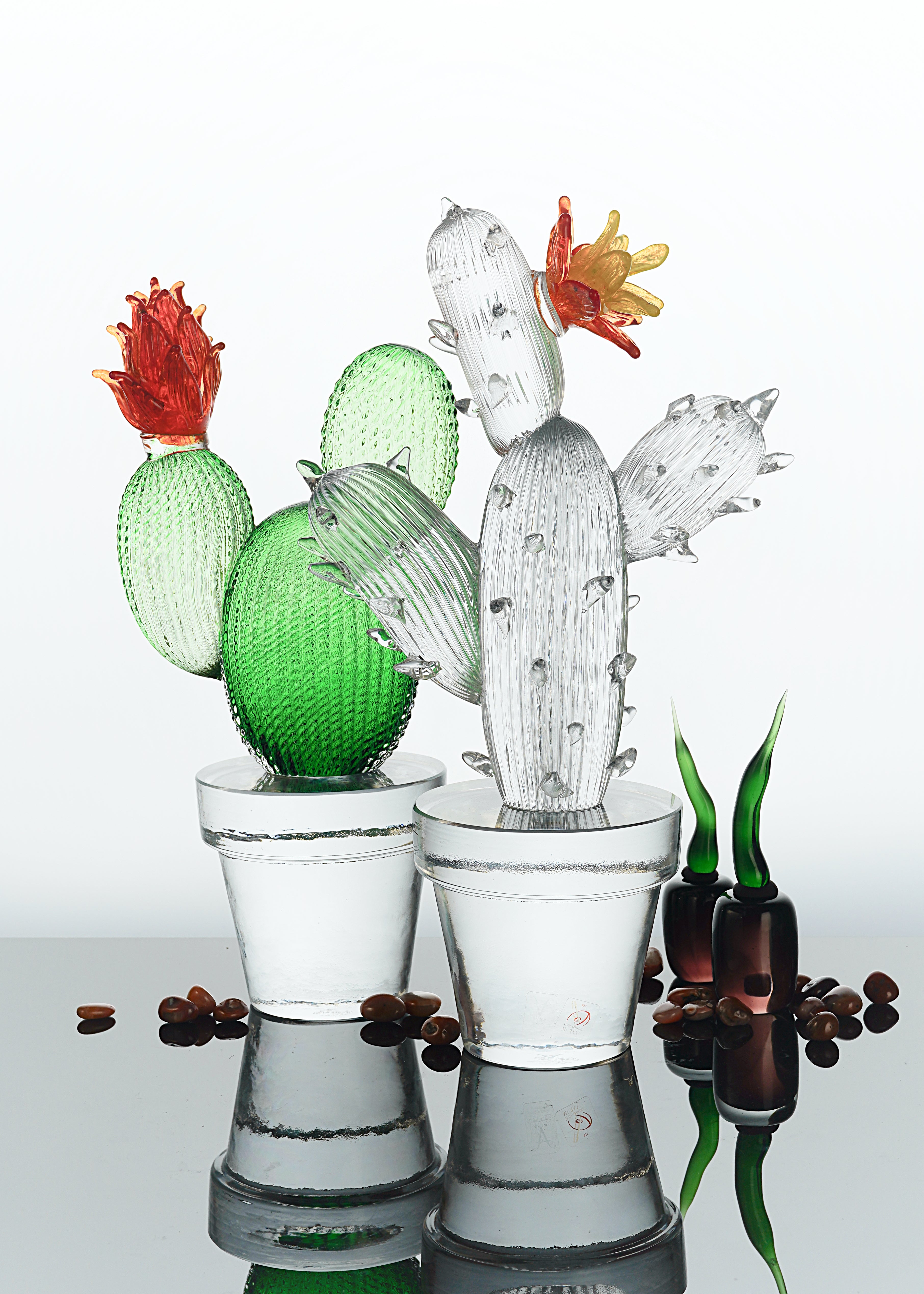 Formia Murano - Scultura Cactus in Vetro - Trasparente con Fiore Arancione - EDIZIONE LIMITATA 1/30