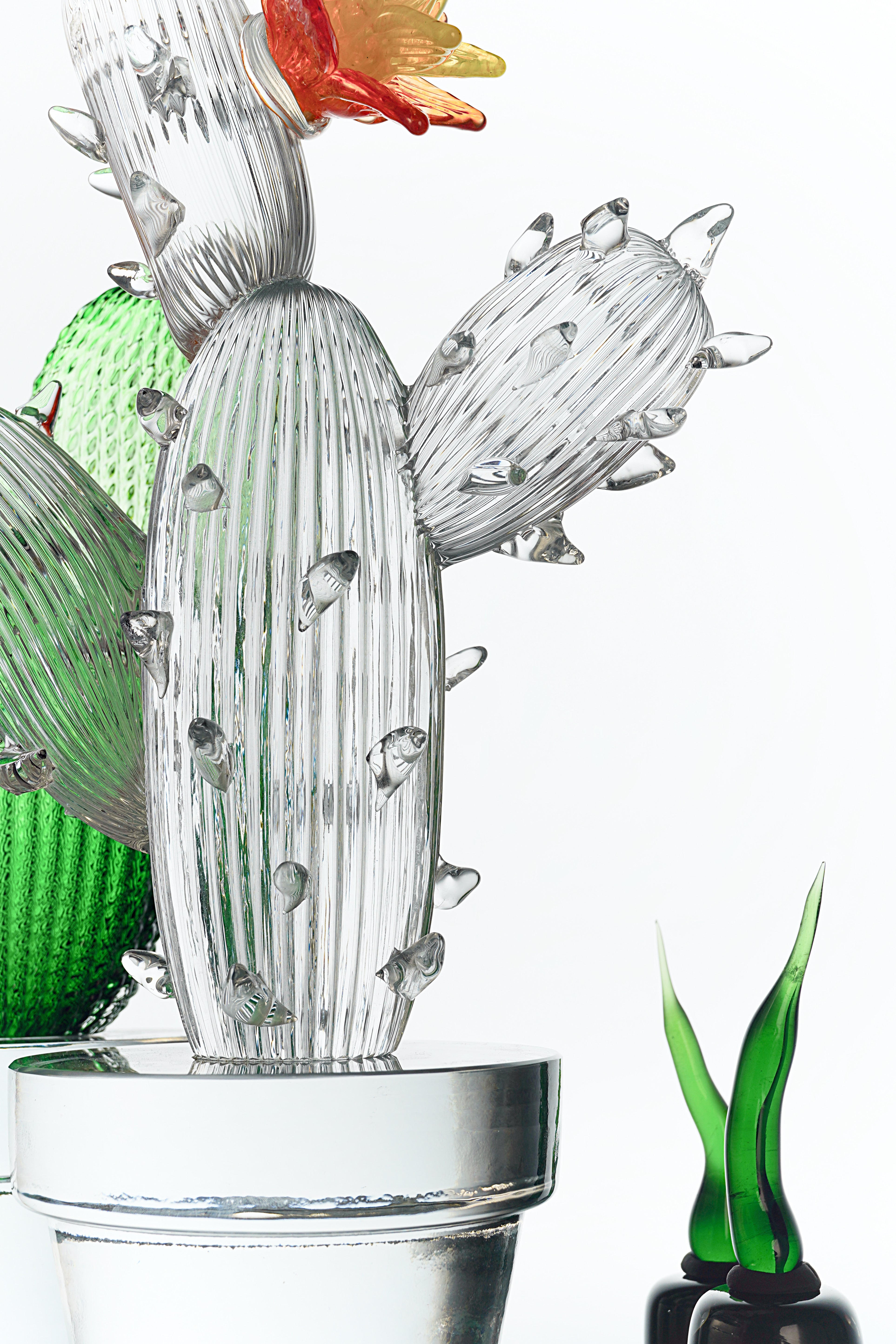 Formia Murano - Scultura Cactus in Vetro - Trasparente con Fiore Arancione - EDIZIONE LIMITATA 1/30