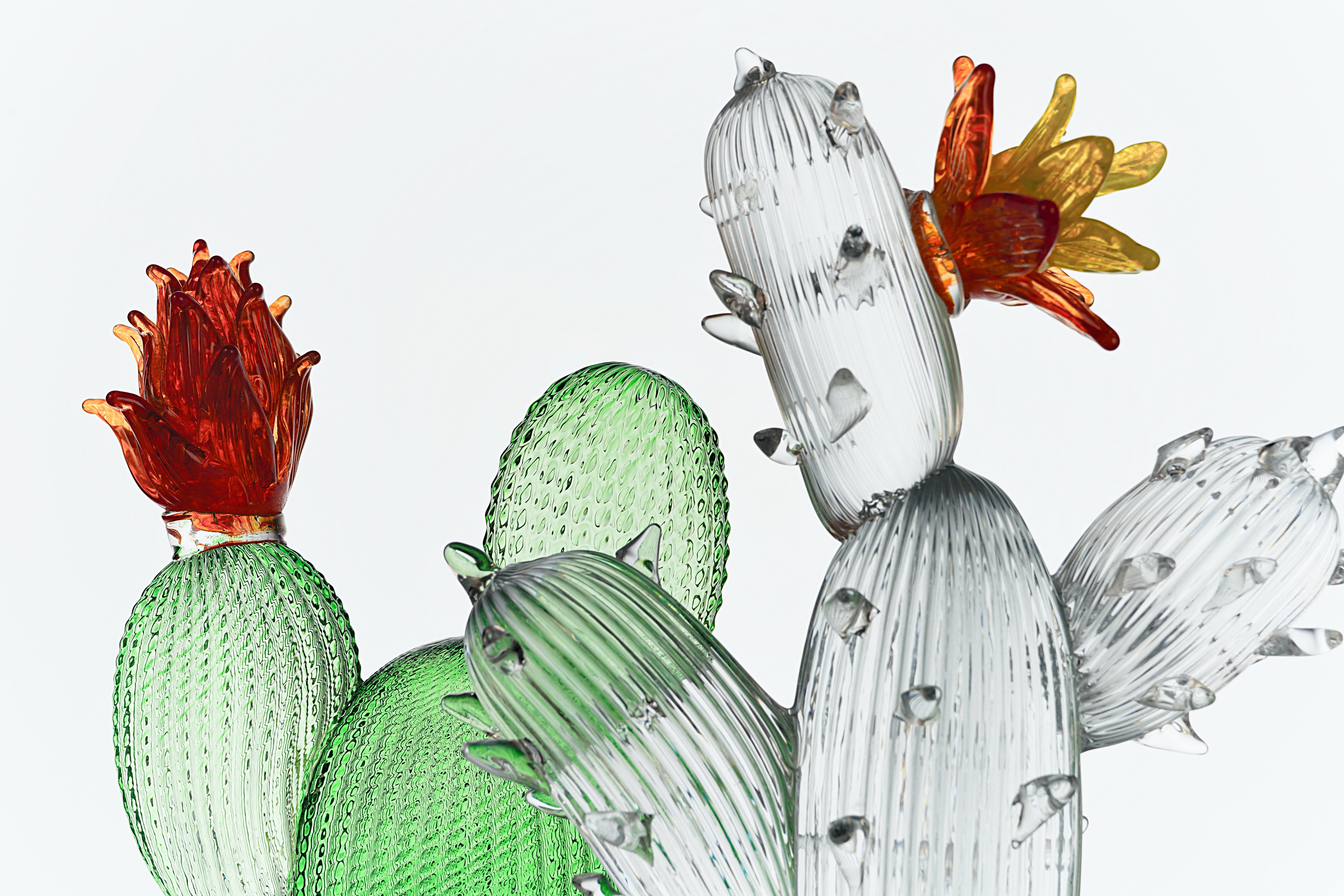 Formia Murano - Scultura Cactus in Vetro - Trasparente con Fiore Arancione - EDIZIONE LIMITATA 1/30