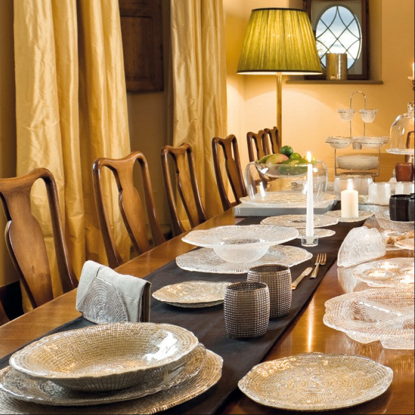 Handmade 18cm beige and chrome decorative plate with sparkling diamond accents, crafted in Italy for an elegant and luxurious table setting.