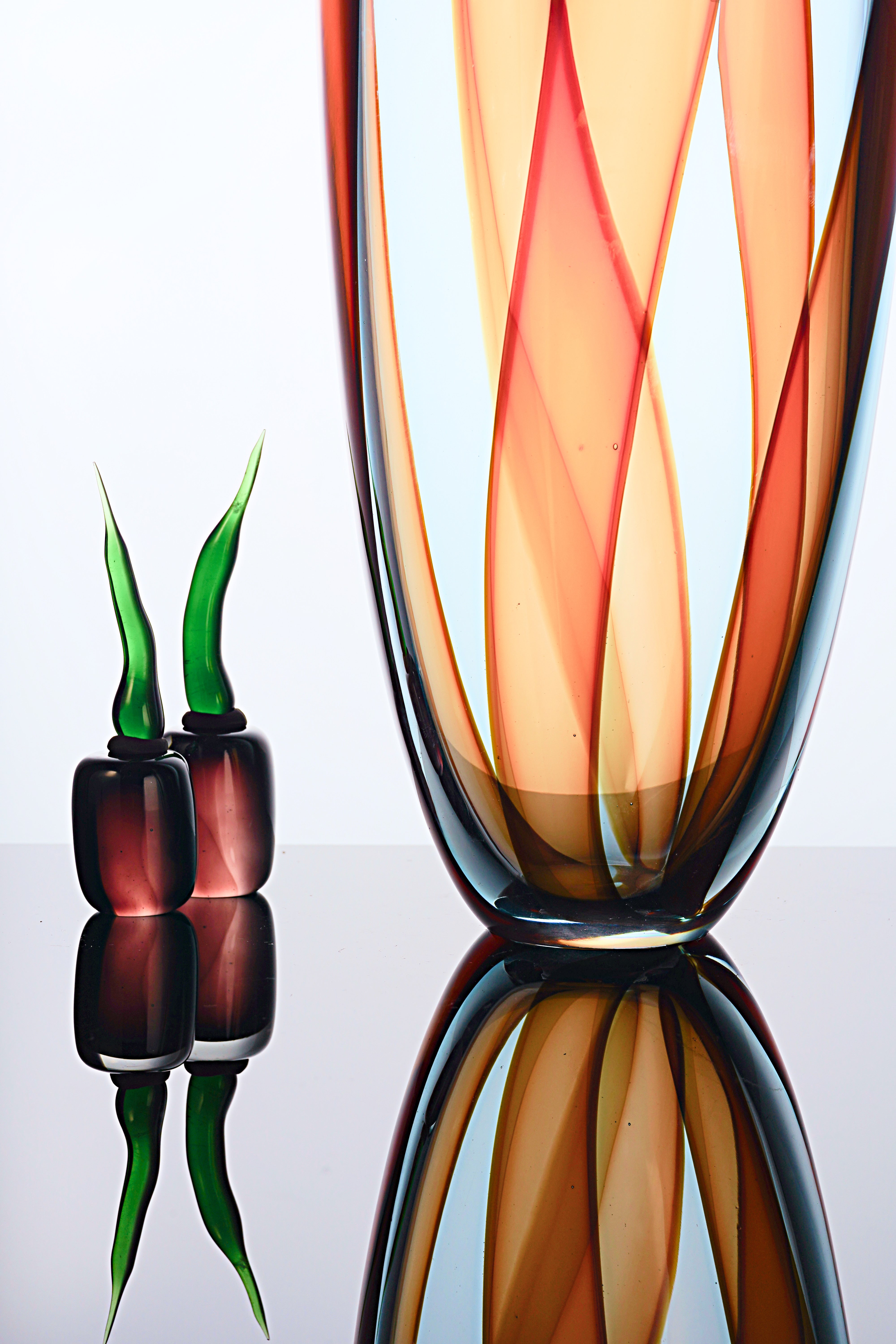 Formia Murano - FESTA tall vase with Canes - Aqua Red