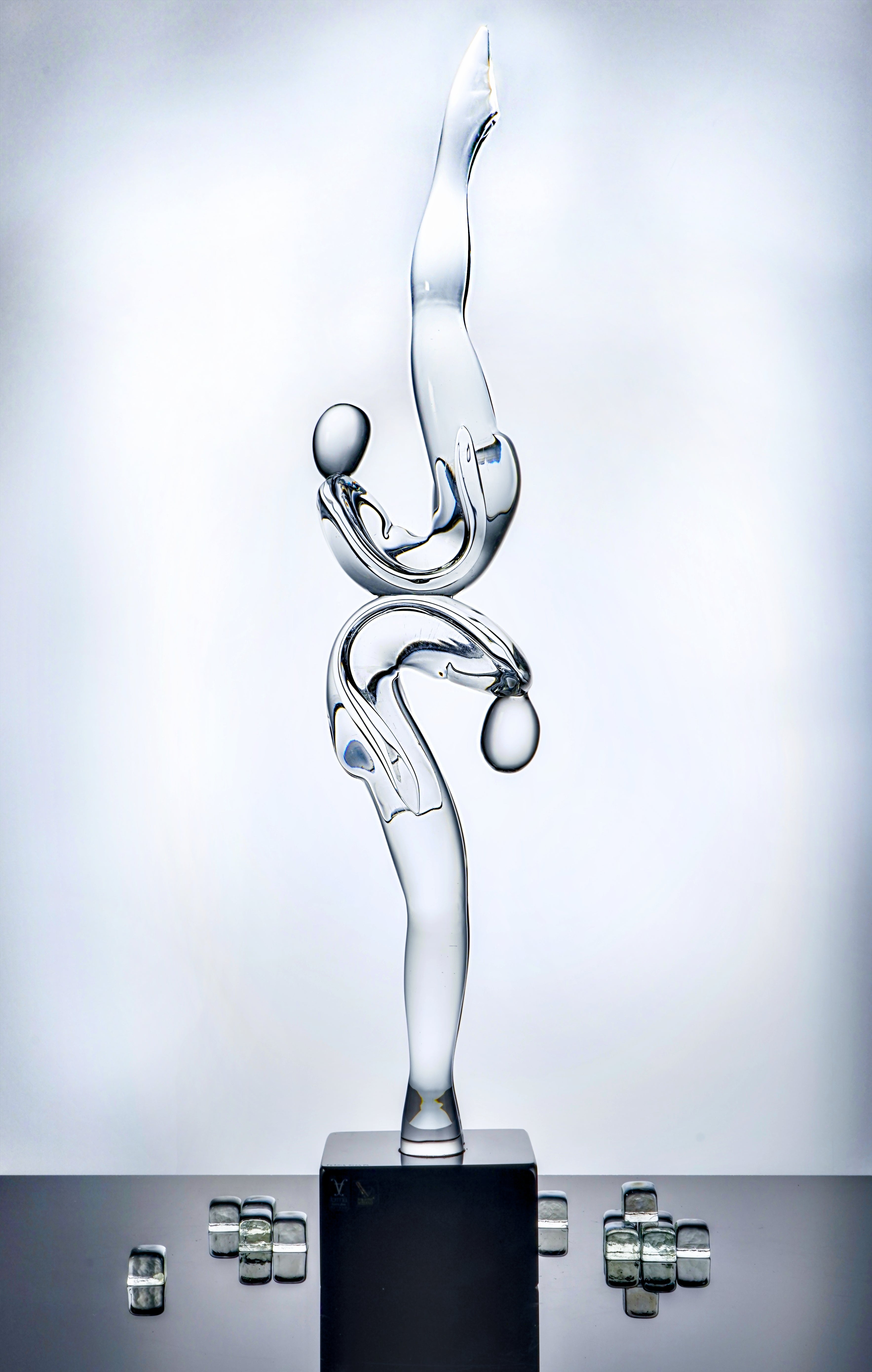 Formia Murano- Abstract Glass Sculpture - Clear with Black Base