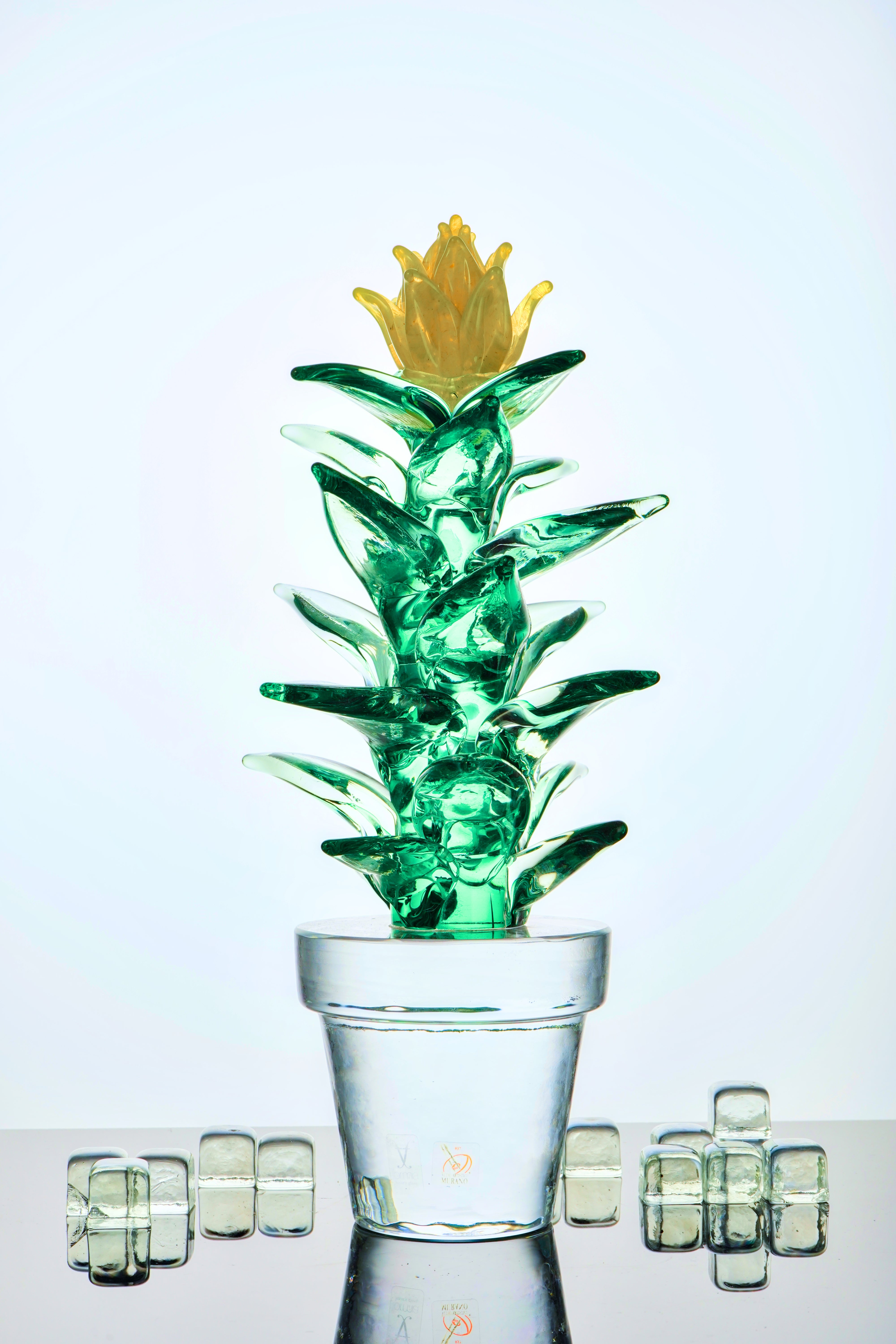 Formia Murano - Glass Plant Sculpture - Green with Yellow Flower - LIMITED EDITION 1/30