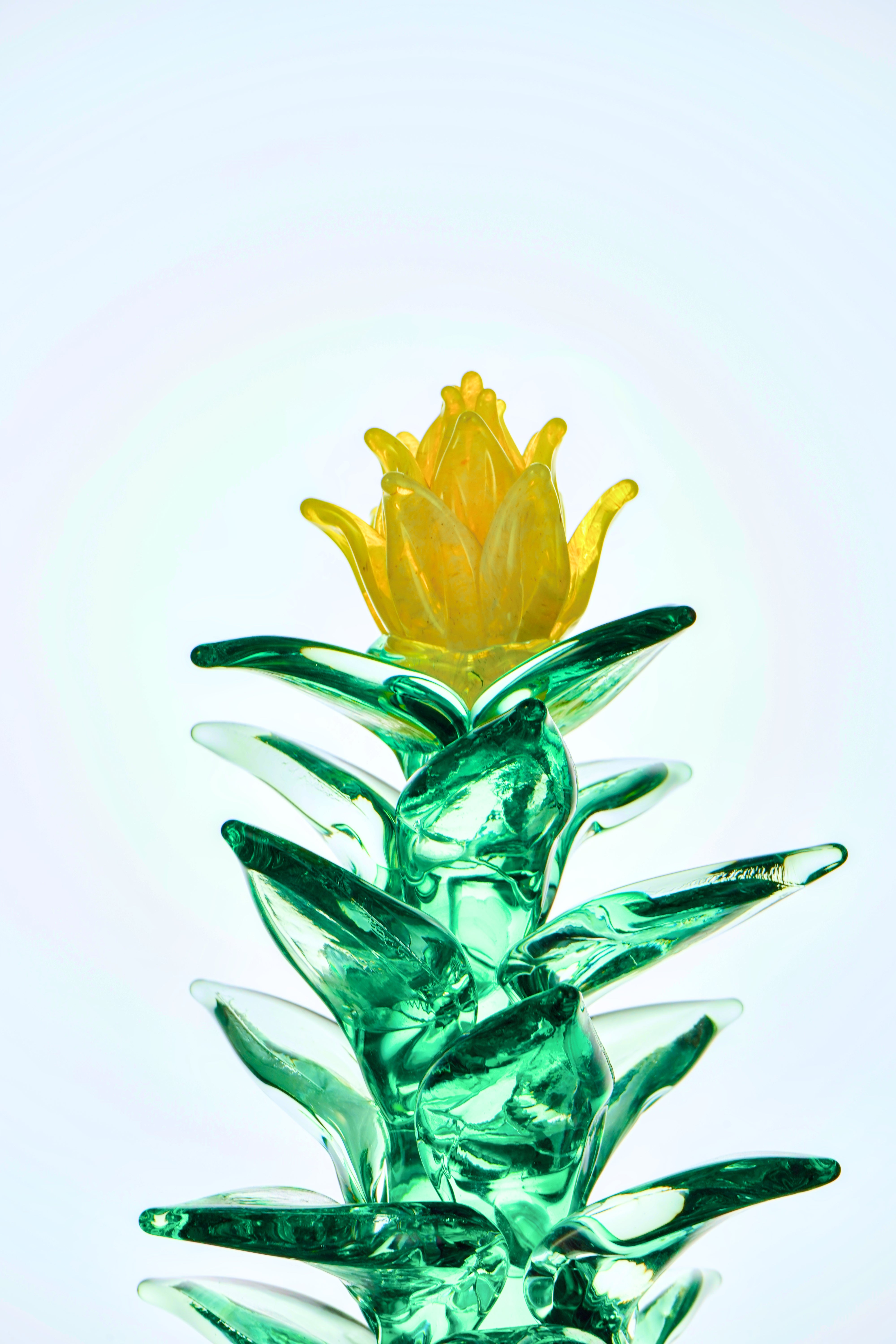 Formia Murano - Glass Plant Sculpture - Green with Yellow Flower - LIMITED EDITION 1/30