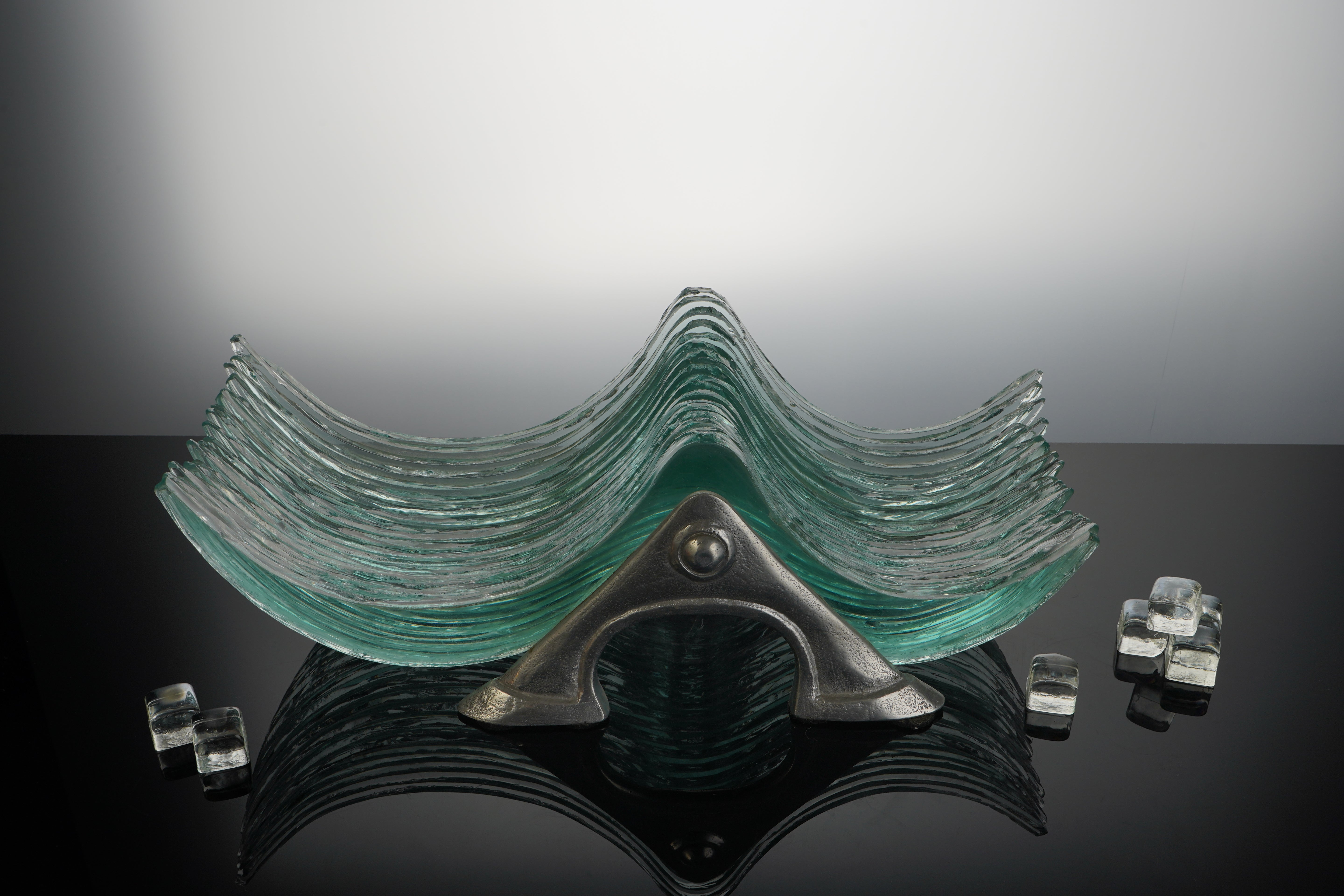 Glassious -  Wave Glass Sculpture - Blue Silver