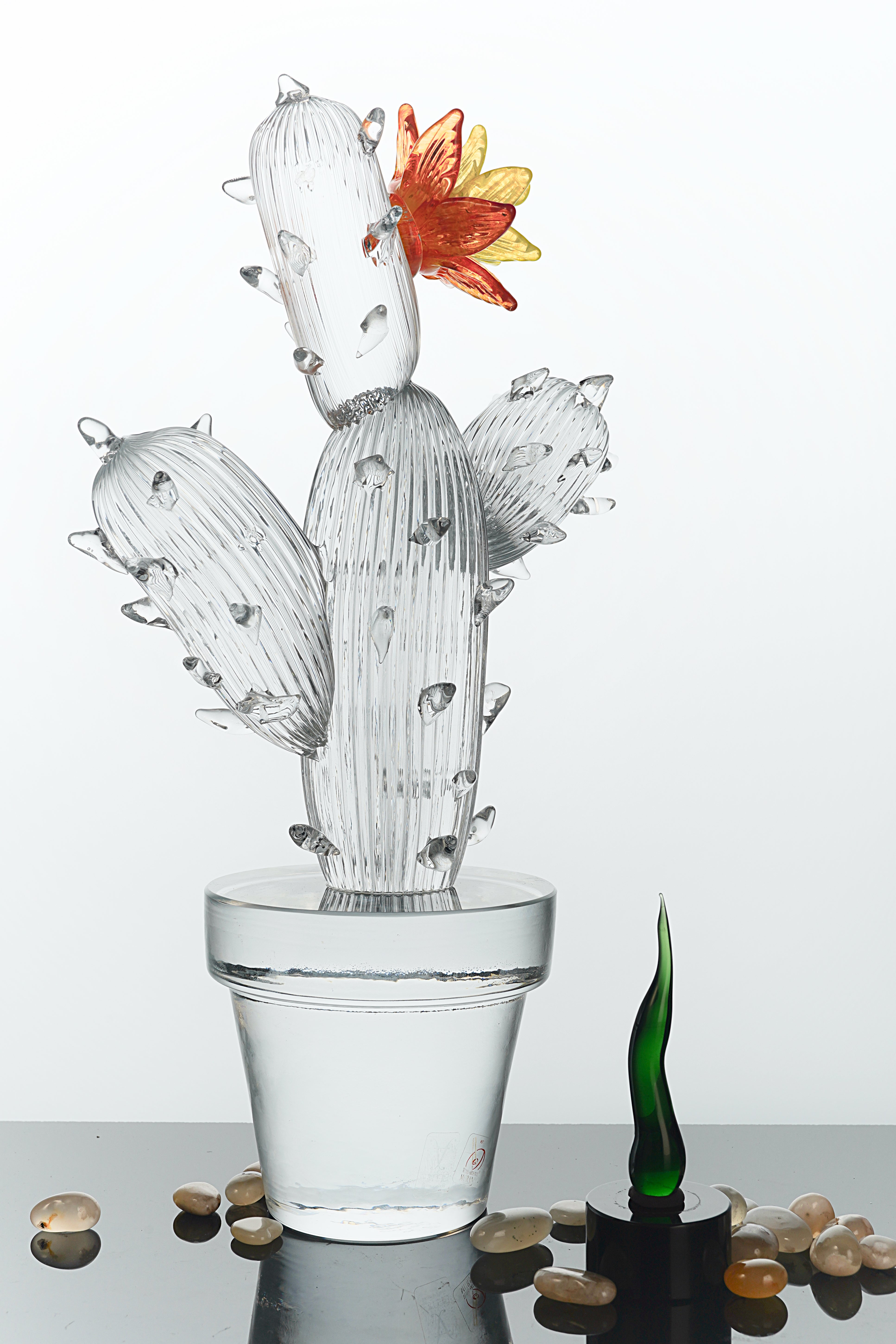 Formia Murano - Glass Cactus Sculpture - Clear with Orange Flower  - LIMITED EDITION 1/30