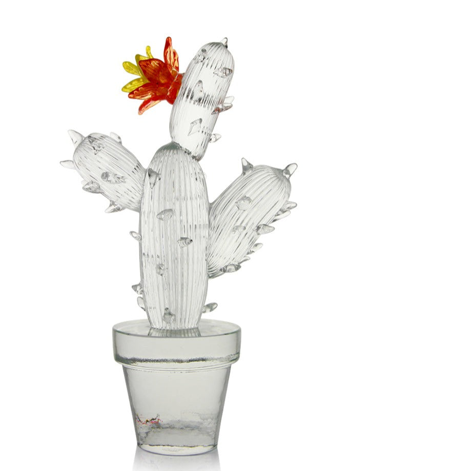 Formia Murano - Glass Cactus Sculpture - Clear with Orange Flower  - LIMITED EDITION 1/30