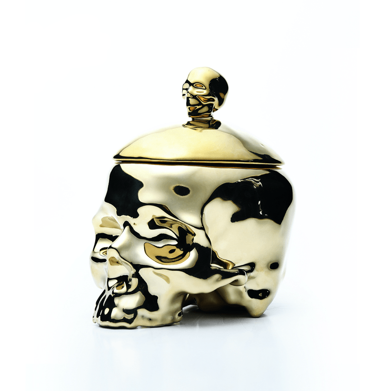 Huang YuLong - SKULL Ceramic Sculpture - Multipurpose Jar with Lid  - Gold - 13cm